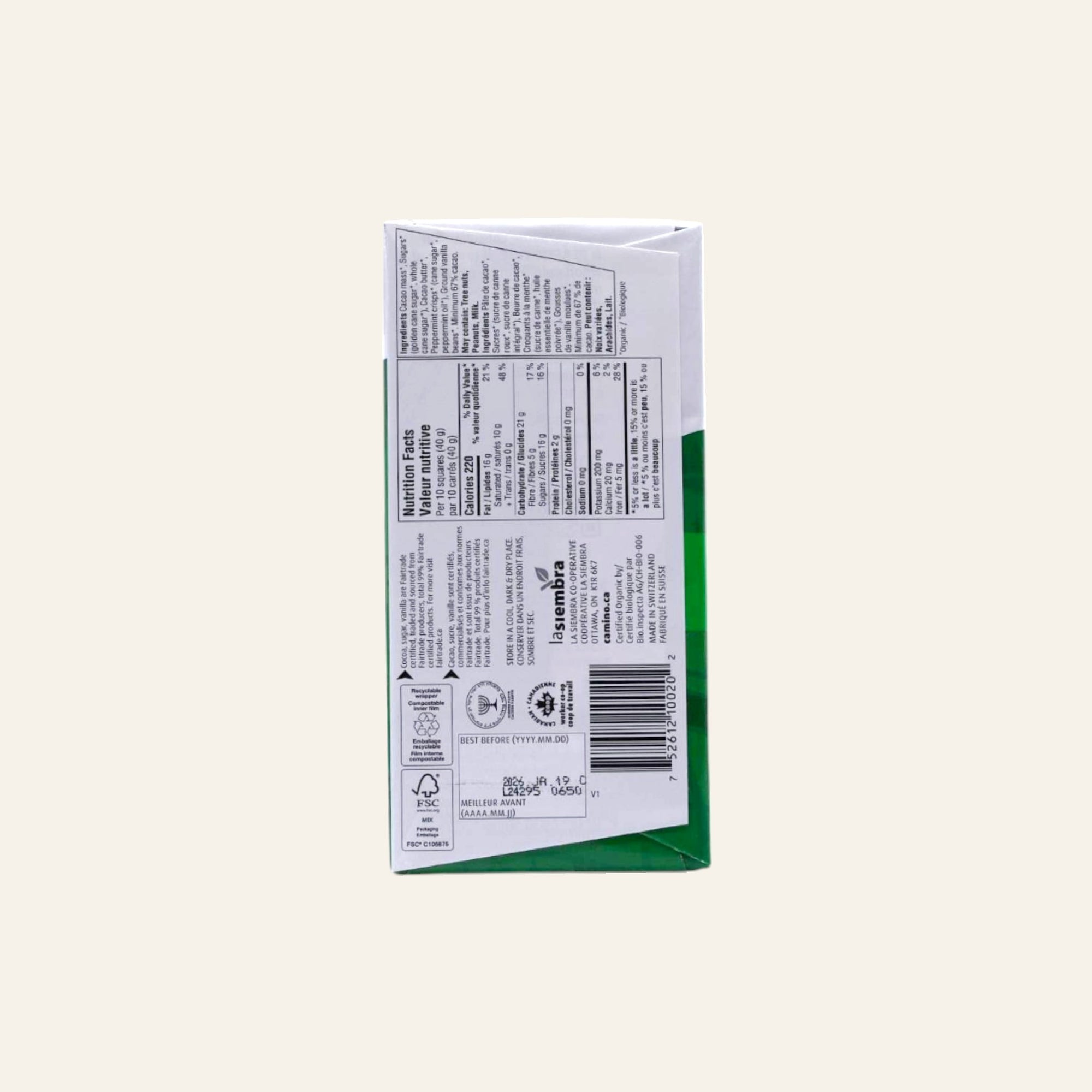 Camino Organic Mint Dark Chocolate Bar 100g