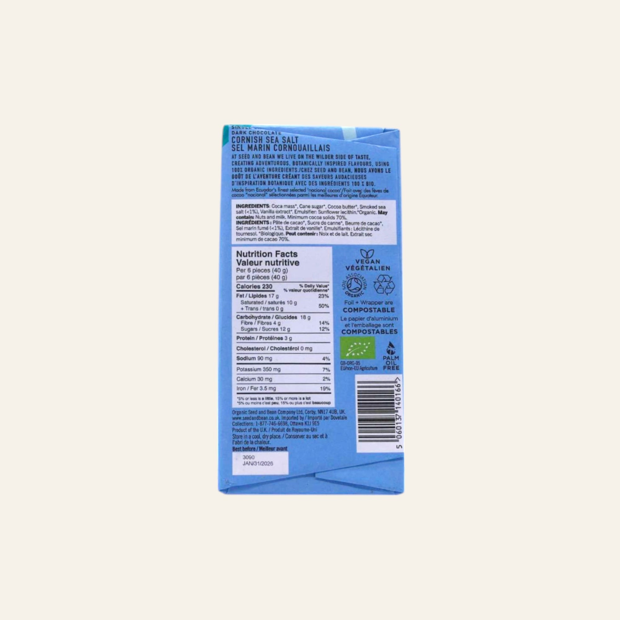 Seed & Bean Organic Cornish Sea Salt Extra Dark Chocolate Bar 75g