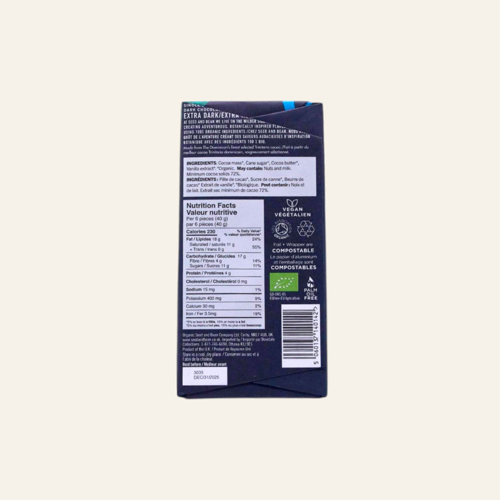Seed & Bean Organic Extra Dark Chocolate Bar 75g