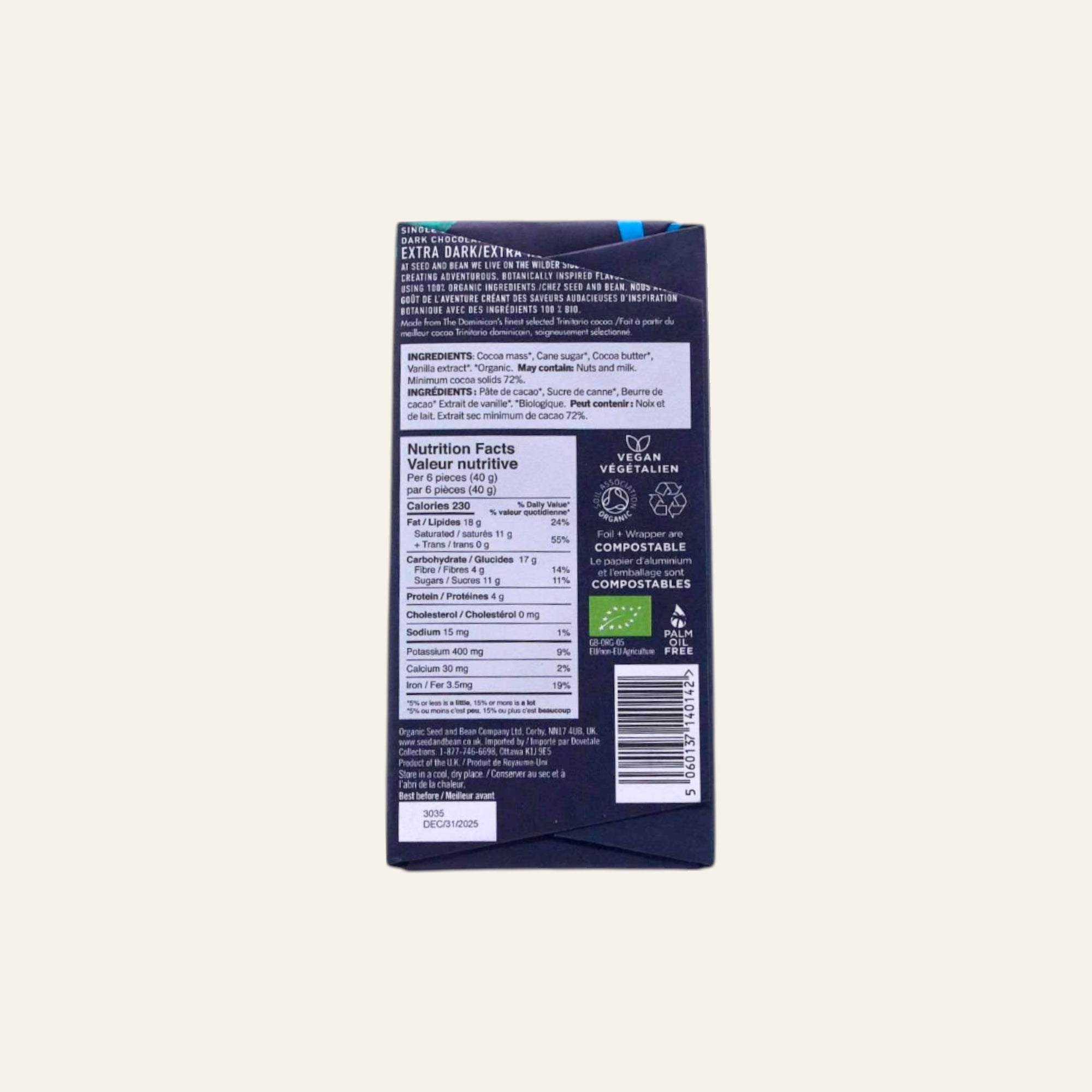 Seed & Bean Organic Extra Dark Chocolate Bar 75g