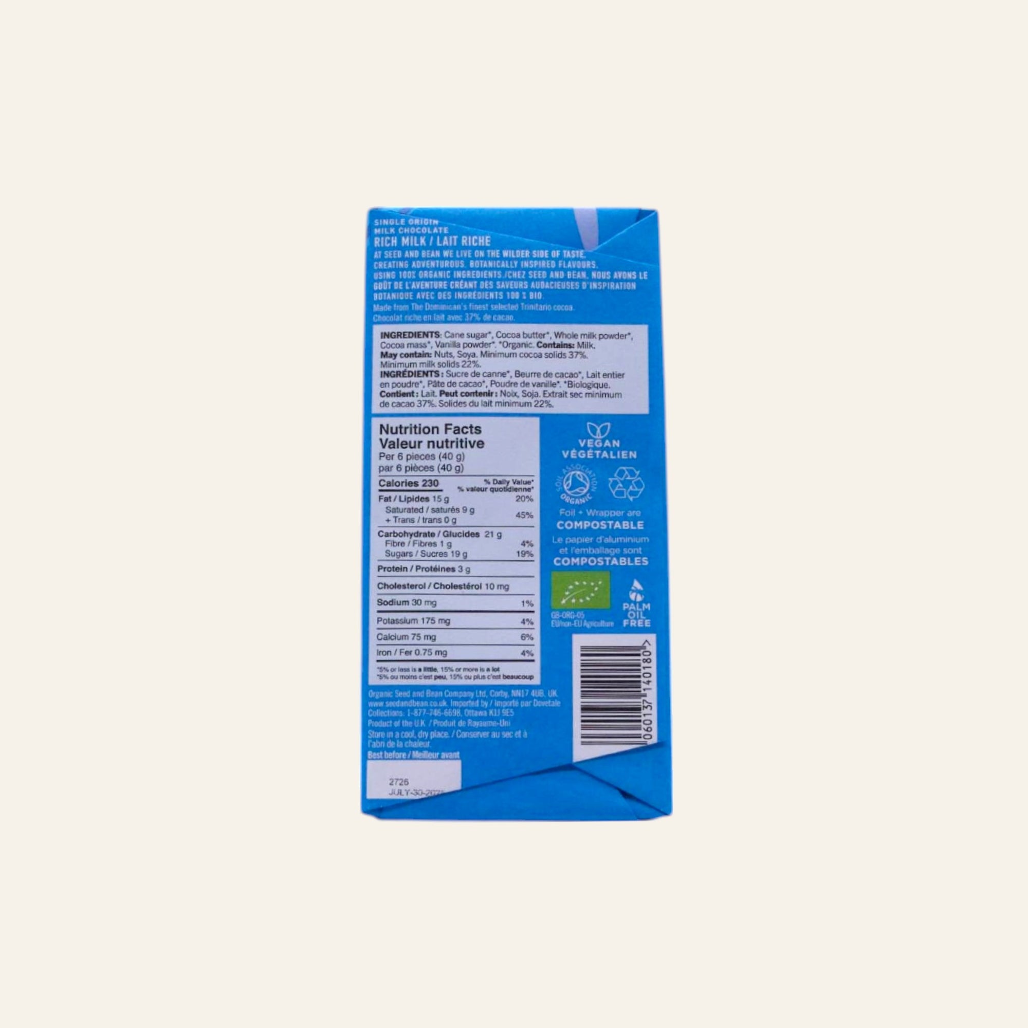 Seed & Bean Organic Rich Milk Chocolate Bar 75g